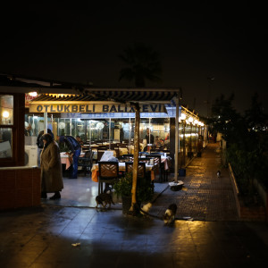 isztambuli tengerparti halas étterem éjjel